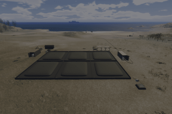 3D representation of our fuel bladder system. 6 large fuel bladders on a beach surrounded by equipment, with a fuel ship in the far distance.