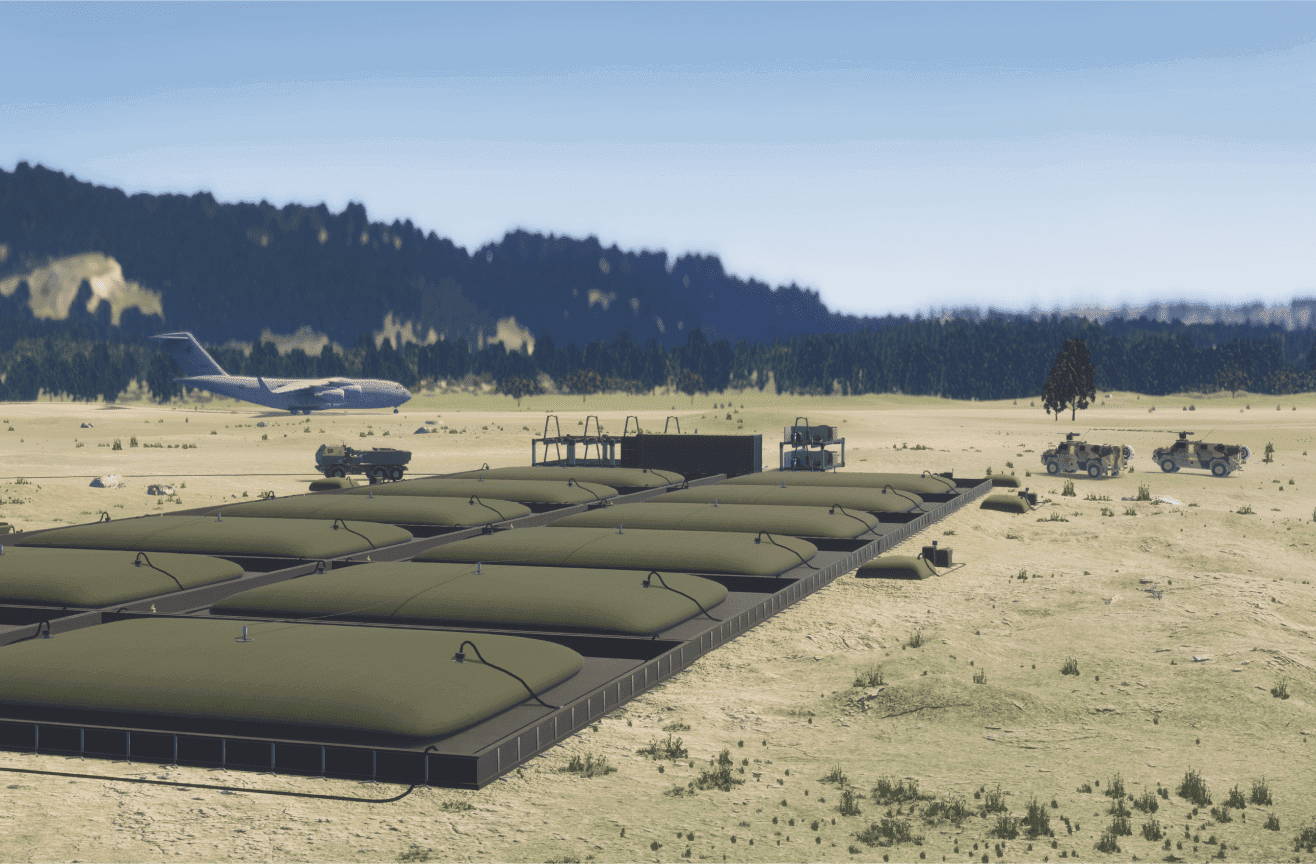 3D representation of our fuel bladder system. 12 large fuel bladders on a temporary airfield, with large planes in the background