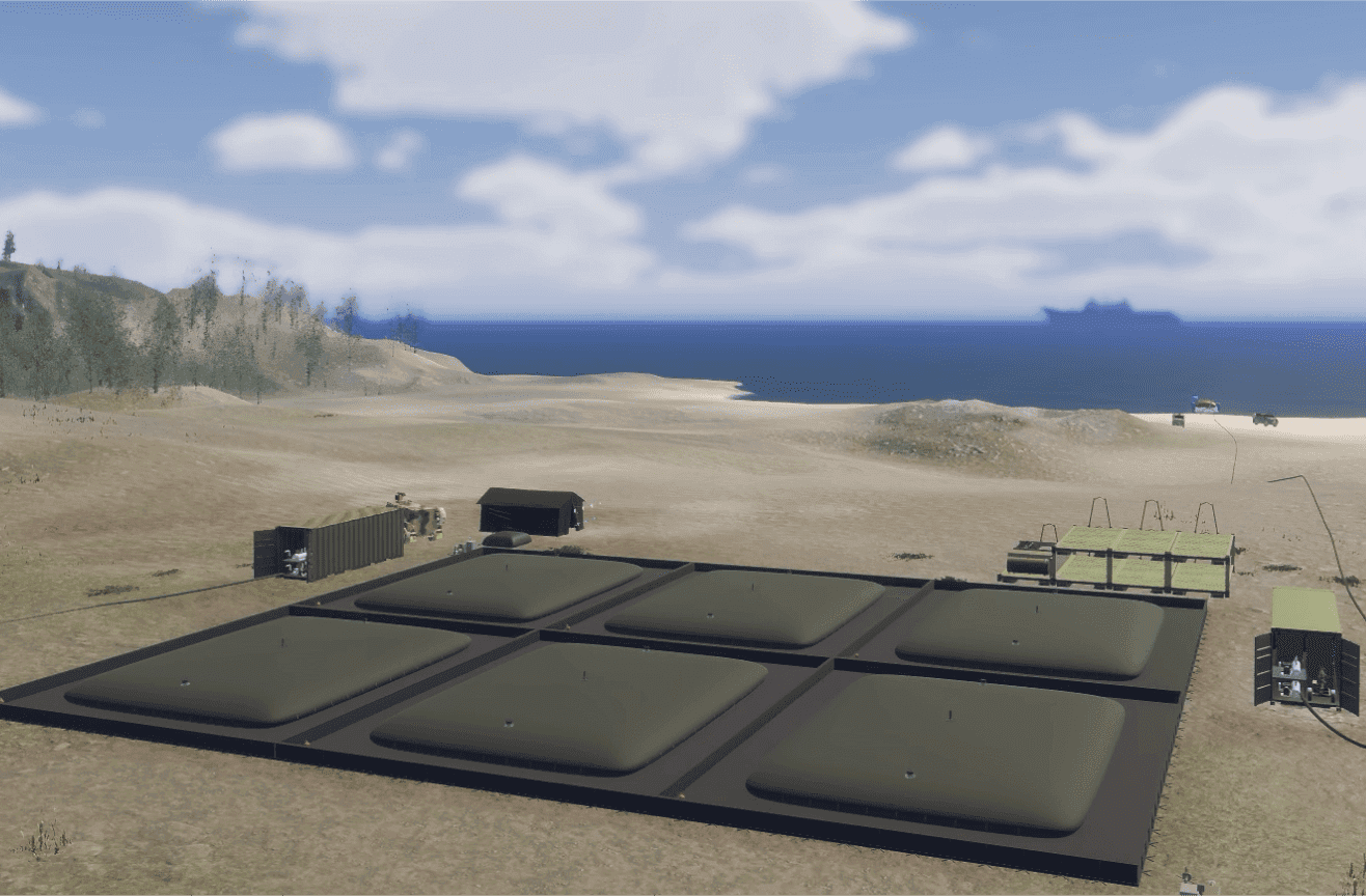 3D representation of our fuel bladder system. 6 large fuel bladders on a beach surrounded by equipment, with a fuel ship in the far distance.