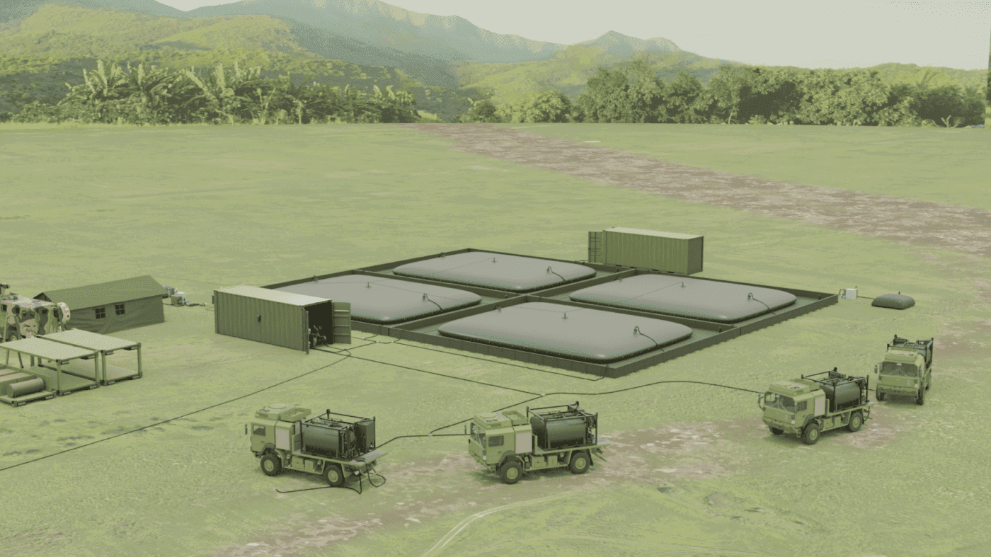 3D concept example of our fuel bladder system. Showing 4 fuel bladders set up in location with various trucks and containers around them.