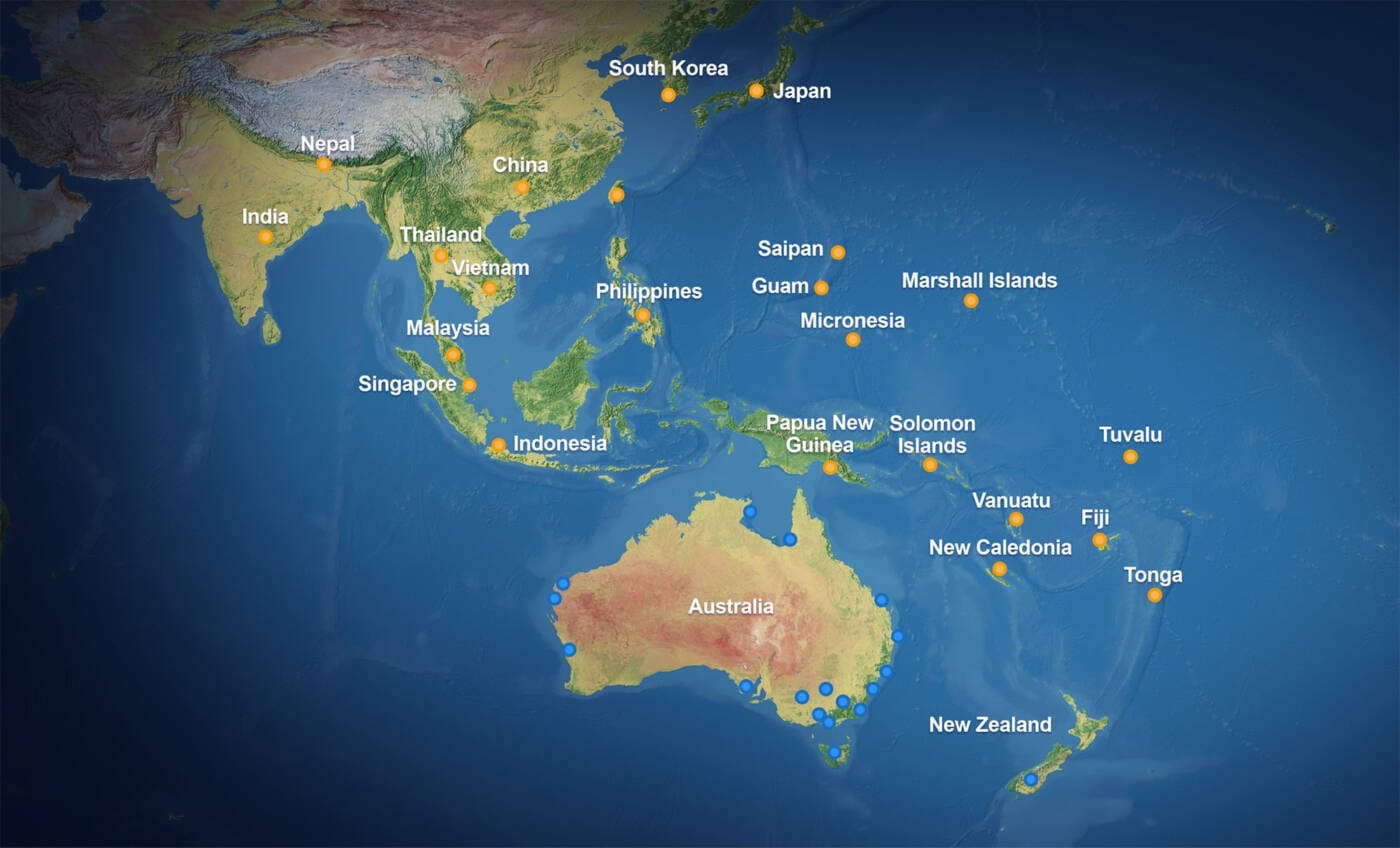 Stylised map of the Indo-pacific region, showing key locations